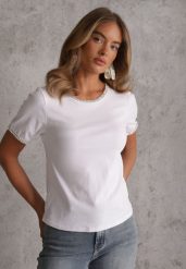 Biały Gładki T-shirt Bawełniany z Ozdobnymi Lamówkami z Warkoczowego Splotu Thalia. Białe bluzki damskie Renee, m, bez wzorów, z bawełny, bez kołnierzyka, bez ramiączek. Za 49.99 zł.