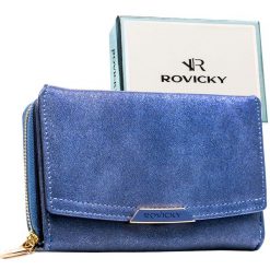 Średni portfel damski ze skóry ekologicznej w granatowym kolorze - Rovicky. Niebieskie portfele damskie ROVICKY, bez wzorów, ze skóry ekologicznej. Za 79.99 zł.