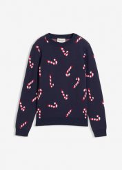 Cienki sweter z motywem bożonarodzeniowym. Niebieskie swetry dla dziewczynek bonprix, bez wzorów, bez kołnierzyka, bez ramiączek, bez kaptura. Za 84.99 zł.
