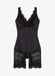 Body o średnim stopniu modelowania sylwetki, z nogawkami. Czarne body damskie bonprix, bez wzorów, z koronki. Za 149.99 zł.