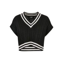 Damski krótki sweter z dzianiny Urban Classics College. Czarne swetry damskie Urban Classics, na zimę, bez wzorów, z dzianiny, bez kołnierzyka, bez ramiączek, krótkie, bez kaptura. Za 191.00 zł.