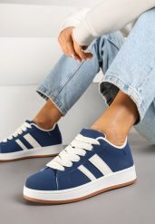 Granatowe Sneakersy na Niskiej Platformie z Naszywkami Flordexia. Niebieskie obuwie sportowe damskie Renee, z aplikacjami, z jeansu. Za 79.99 zł.