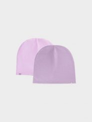 4F Czapka beanie dwustronna dziecięca - różowa Uniwersalny. Czerwone buty zimowe dziewczęce 4f, z aplikacjami, z bawełny, bez zapięcia. Za 39.99 zł.