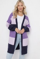 Fioletowy Długi Kardigan w Paski Amonta. Fioletowe kardigany damskie Born2be, m, bez wzorów, bez kołnierzyka, bez ramiączek, długie, bez kaptura. Za 139.99 zł.