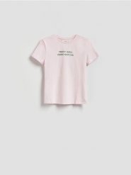 T-shirt z nadrukiem - pastelowy róż. Czerwone t-shirty damskie Reserved, l, bez wzorów, z bawełny, bez kołnierzyka. Za 35.99 zł.