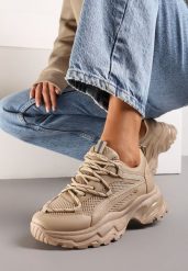 Ciemnobeżowe Sneakersy na Masywnej Podeszwie z Siateczkowym Wstawkami i Ozdobnymi Sznurówkami Ollavia. Brązowe obuwie sportowe damskie Renee, bez wzorów. Za 109.99 zł.
