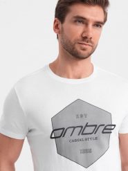 T-shirt męski bawełniany z nadrukiem geometrycznym i logotypem - biały V1 OM-TSPT-0141 - XXL. Białe t-shirty męskie Ombre Clothing, l, bez wzorów, z bawełny, wizytowe, bez kołnierzyka. W wyprzedaży za 29.99 zł.