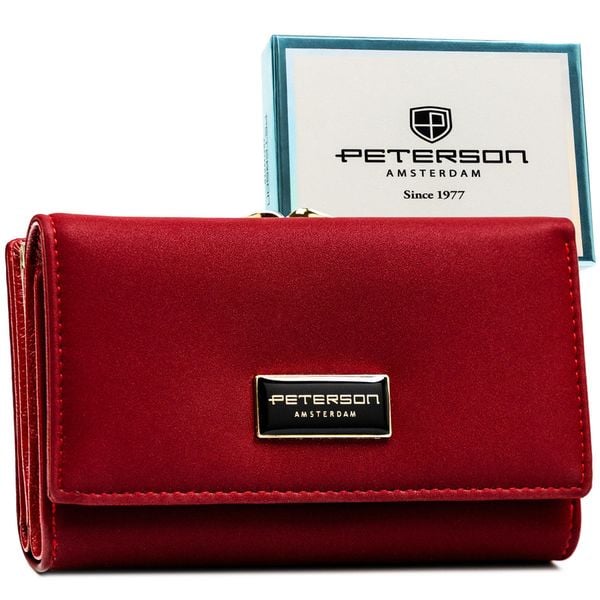 Czerwony portfel damski wykonany ze skóry naturalnej i ekologicznej PTN PS108-HNL Peterson. Czerwone portfele damskie Peterson, bez wzorów, ze skóry. Za 129.99 zł.
