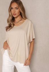 Beżowy T-shirt z Wiskozą w Stylu Nietoperza Liofala. Brązowe bluzki damskie Renee, bez wzorów, z jeansu, eleganckie, bez kołnierzyka, bez ramiączek. Za 69.99 zł.