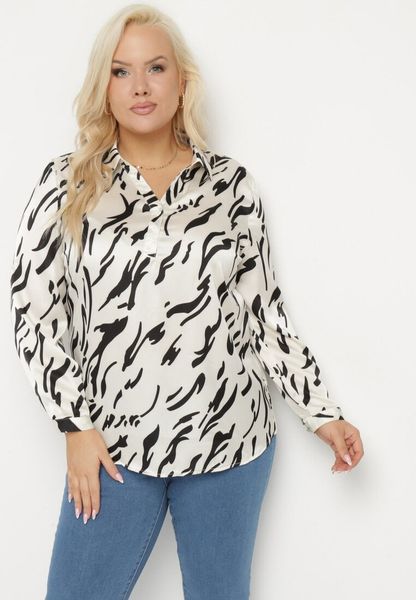 Biała Koszula z Motywem Pasków i Podpinanymi Rękawami Iloreth. Białe bluzki damskie Born2be, xl, bez wzorów, z jeansu, casualowe, bez kołnierzyka, bez ramiączek. Za 84.99 zł.