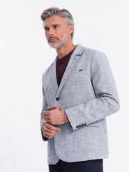 Marynarka męska o kroju REGULAR z lnem - jasnoniebieska V3 OM-BLZB-0128 - XL. Niebieskie marynarki męskie Ombre Clothing, bez wzorów, z materiału, biznesowe. W wyprzedaży za 249.99 zł.