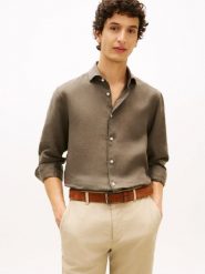 Tommy Hilfiger Tailored koszula lniana Mężczyźni Slim Fit len zielony, M. Zielone koszule męskie Tommy Hilfiger Tailored, m, bez wzorów, ze lnu, klasyczne, bez kołnierzyka, bez ramiączek. Za 479.95 zł.