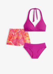 Bikini z ramiączkami łączonymi z tyłu na szyi + dolna część stroju (3 części). Fioletowe bikini damskie bonprix, bez wzorów. Za 149.99 zł.