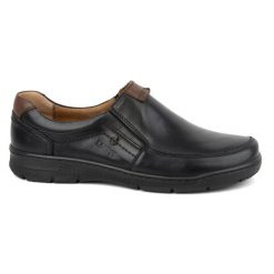 Kampol Buty męskie skórzane casual wsuwane 58KAM licowe czarne. Czarne półbuty na co dzień męskie ze skóry, casualowe, bez zapięcia. Za 367.89 zł.