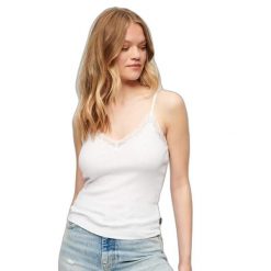 Damski prążkowany podkoszulek z bawełny organicznej z koronkowym wykończeniem Su. Białe bielizna termoaktywna damska Superdry., bez wzorów, z bawełny, bez ramiączek. Za 102.20 zł.
