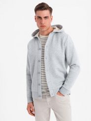Męska dresowa bluza z kapturem zapinana na guziki – szary melanż V2. Szare bluzy męskie Ombre Clothing, m, bez wzorów, z bawełny, z kapturem. Za 239.99 zł.