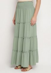 Zielona Spódnica o Rozkloszowanym Kroju z Falbankami i Gumką w Talii Dovinala. Zielone spódnice damskie Born2be, l, bez wzorów, eleganckie, maxi, koszulowe. Za 54.99 zł.