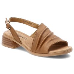 Sandały damskie Vinceza, cholewka ze skóry naturalnej marszczony pasek z przodu na niskim obcasie, brązowe, 66957. Brązowe paski damskie VINCEZA, bez wzorów, ze skóry, eleganckie. Za 169.00 zł.