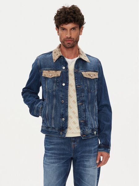 Guess Kurtka jeansowa M5YXN1 D5KT3 Granatowy Regular Fit. Niebieskie kurtki męskie Guess, m, z aplikacjami, z bawełny, bez kaptura. Za 299.99 zł.