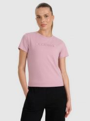 4F T-shirt slim z nadrukiem damski - różowy M. Czerwone koszulki sportowe damskie 4f, m, bez wzorów, z bawełny, bez kołnierzyka, bez ramiączek. W wyprzedaży za 49.99 zł.