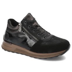 Czarne Sneakersy Rieker Stylowe Ocieplane Obuwie Damskie. Czarne półbuty damskie Rieker, bez wzorów, z lakierowanej skóry, eleganckie, bez obcasa, bez zapięcia. Za 322.99 zł.