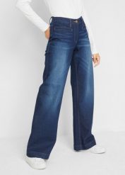 Dżinsy wide leg, mid waist, elastyczna gumka w talii. Niebieskie jeansy damskie bonprix. Za 137.99 zł.