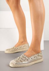 Złote Espadryle Vices z Ażurową Cholewką i Plecionym Sznurkiem Arivoni. Żółte espadryle damskie Renee, w ażurowe wzory, eleganckie, bez obcasa, bez zapięcia. Za 44.99 zł.