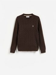 Sweter z haftem - ciemnobrązowy. Brązowe swetry przez głowę męskie Reserved, l, bez wzorów, z bawełny, bez kołnierzyka. Za 149.99 zł.