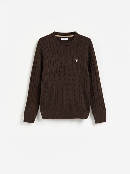 Sweter z haftem - ciemnobrązowy. Brązowe swetry przez głowę męskie Reserved, l, bez wzorów, z bawełny, bez kołnierzyka. Za 149.99 zł.