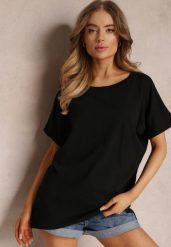 Czarny Bawełniany T-shirt Oversize z Krótkim Rękawem i Dłuższym Tyłem Zanimara. Czarne bluzki damskie Renee, s, bez wzorów, z bawełny, bez kołnierzyka. Za 24.99 zł.