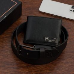 Zestaw prezentowy męski skórzany pasek portfel pudełko premium czarny Beltimore Z20. Czarne paski damskie bez wzorów. Za 129.99 zł.