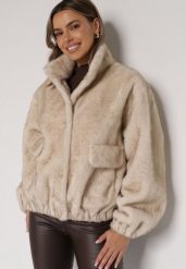 Beżowa Kurtka Futerko o Kroju Bomberki z Kieszeniami Tiwedara. Brązowe kurtki damskie Born2be, l, bez wzorów, z dzianiny, bez kaptura. Za 219.99 zł.