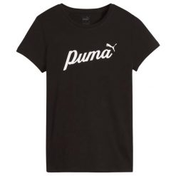 T-shirt Damski ESS+Script. Czarne koszulki sportowe damskie Puma, s, bez wzorów, bez kołnierzyka, bez ramiączek, trekkingowe. Za 138.99 zł.