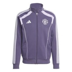 Kurtka dresowa Manchester United UBP 2025/26. Fioletowe kurtki męskie Adidas, bez wzorów, z dresówki, sportowe, bez kaptura. W wyprzedaży za 305.50 zł.
