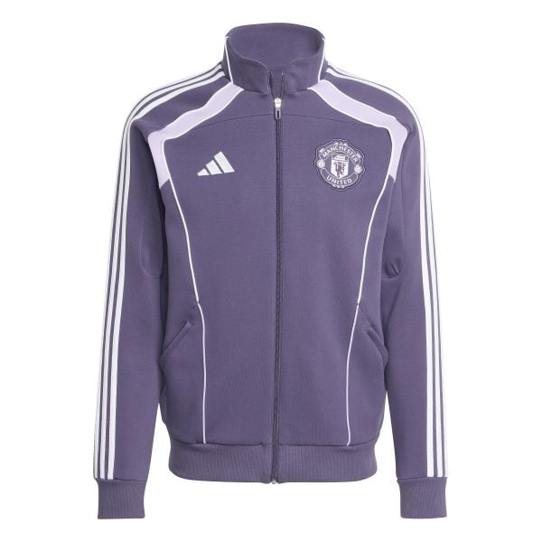 Kurtka dresowa Manchester United UBP 2025/26. Fioletowe kurtki męskie Adidas, bez wzorów, z dresówki, sportowe, bez kaptura. W wyprzedaży za 305.50 zł.