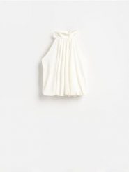 Bluzka z dekoltem halter - biały. Białe bluzki damskie Reserved, l, bez wzorów, z dzianiny, bez kołnierzyka, bez ramiączek. Za 89.99 zł.