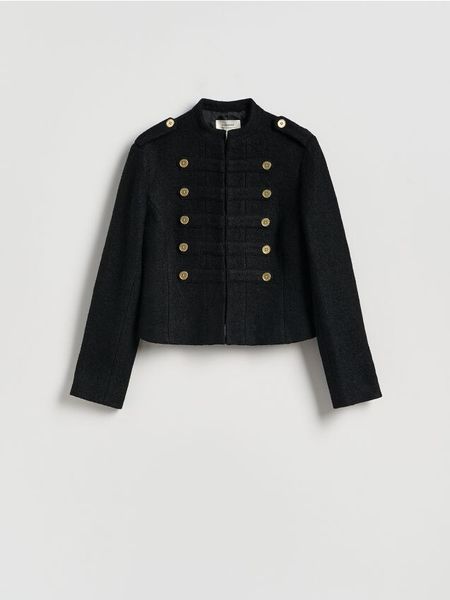Żakiet z ozdobnymi guzikami - czarny. Czarne żakiety damskie Reserved, l, bez wzorów, z tkaniny. Za 299.99 zł.