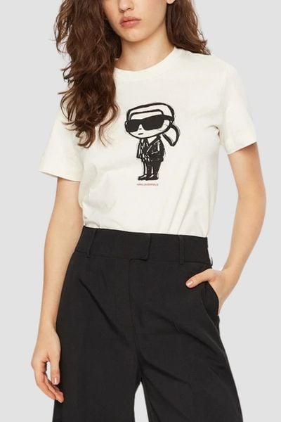 KARL LAGERFELD Beżowy damski t-shirt Ikon Sketch Karl, Rozmiar XS. Brązowe t-shirty damskie KARL LAGERFELD, s, bez wzorów, z materiału, bez kołnierzyka. W wyprzedaży za 208.99 zł.