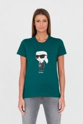 KARL LAGERFELD Zielony t-shirt Karl. Zielone t-shirty damskie KARL LAGERFELD, s, bez wzorów, bez kołnierzyka. W wyprzedaży za 299.99 zł.