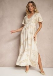 Beżowa Rozkloszowana Sukienka z Wiskozy Ozdobiona Haftowanymi Liśćmi Tirvesa. Brązowe sukienki damskie Renee, na co dzień, na lato, l, bez wzorów, z wiskozy, eleganckie, bez kołnierzyka, bez ramiączek, maxi, rozkloszowane. Za 119.99 zł.