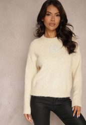 Beżowy Sweter z Wełną z Ozdobnymi Cyrkoniami Nomila. Brązowe swetry damskie Renee, uniwersalny, z aplikacjami, z jeansu, casualowe, bez kołnierzyka, bez ramiączek, bez kaptura. Za 109.99 zł.