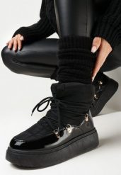 Czarne Ocieplone Śniegowce na Platformie z Wycięciem i Ozdobnym Wiązaniem Wokół Cholewki Abintte. Czarne śniegowce i trapery damskie Born2be. Za 69.99 zł.