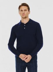 PAKO LORENTE – Męski granatowy sweter z kołnierzykiem polo. Niebieskie swetry przez głowę męskie Pako Lorente, na zimę, m, bez wzorów, z wełny, bez kołnierzyka. Za 159.99 zł.