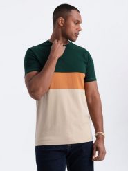 T-shirt męski trójkolorowy w szerokie pasy - zielono-beżowy V4 - Rozmiar: L. Zielone t-shirty męskie Ombre Clothing, l, z aplikacjami, z bawełny, bez kołnierzyka. W wyprzedaży za 19.99 zł.