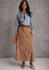 Beżowa Gładka Spódnica z Imitacji Zamszu o Rozkloszowanym Kroju Nettia. Brązowe spódnice damskie Renee, l, bez wzorów, z koronki, midi, rozkloszowane. Za 189.99 zł.