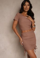 Brązowy Komplet z Bawełną Dopasowana Spódnica ze Ściągaczami i Bluzka Luneriela. Brązowe bluzki damskie Renee, bez wzorów, z bawełny, eleganckie, dopasowane. Za 54.99 zł.