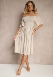 Jasnobeżowa Sukienka Rozkloszowana z Bawełny z Bufkami w Ramionach i Gumkami w Biuście Norlio. Brązowe sukienki dla dziewczynek Renee, bez wzorów, z bawełny, eleganckie, bez ramiączek. Za 39.99 zł.