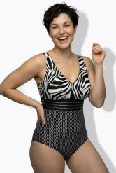 Damskie Kostium kąpielowy tygrysi wzór bez miękkich miseczek ozdobna lamówka. Czarne kostiumy jednoczęściowe damskie Ulla Popken, plus size, bez wzorów, z elastanu, plus size, do pływania. Za 191.99 zł.