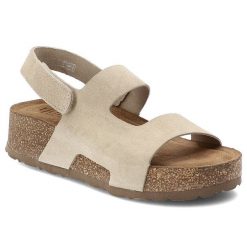 Sandały damskie Yokono, cholewka ze skóry naturalnej zamszowej z szerokimi paskami z zapięciem na rzep, beżowe, Wiwi-261 Ser Crudo. Brązowe klapki damskie Yokono, bez wzorów, z nubiku, bez obcasa, na platformie, bez zapięcia. Za 249.00 zł.