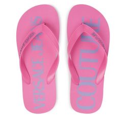 Japonki Versace Jeans Couture. Czerwone klapki damskie Versace Jeans Couture, bez wzorów, z jeansu, bez obcasa. Za 199.99 zł.